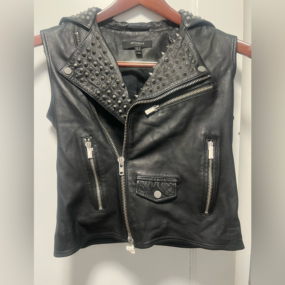 Muubaa Black Studded Leather Biker Vest